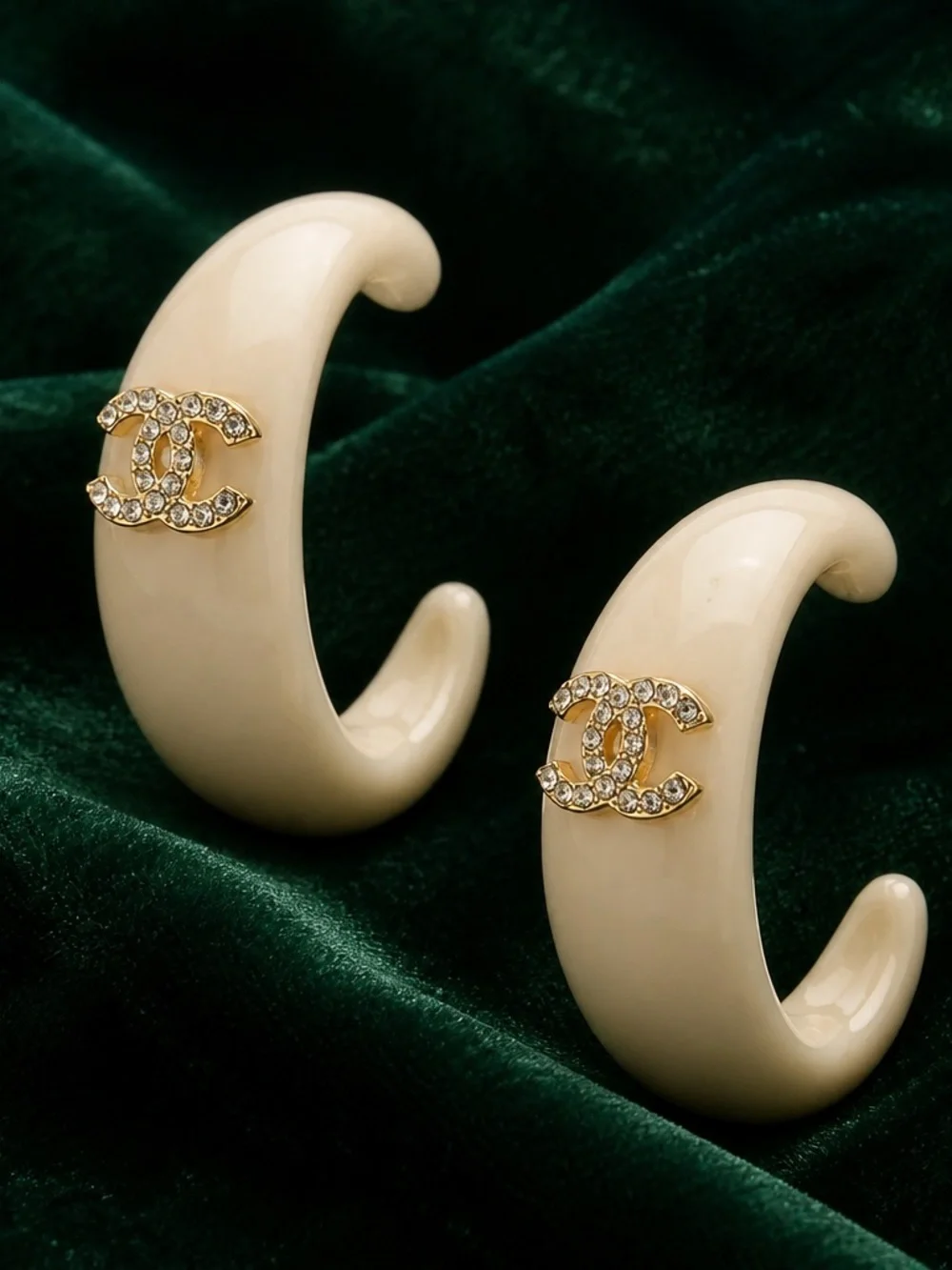 Cream Hoop Earrings with Crystal CC Logos